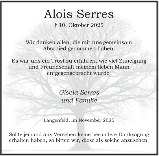 Traueranzeige von Alois Serres von Tageszeitung
