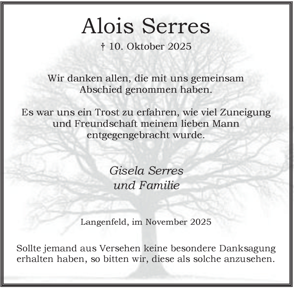  Traueranzeige für Alois Serres vom 15.11.2025 aus Tageszeitung