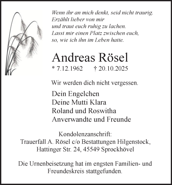 Traueranzeige von Andreas Rösel von Tageszeitung