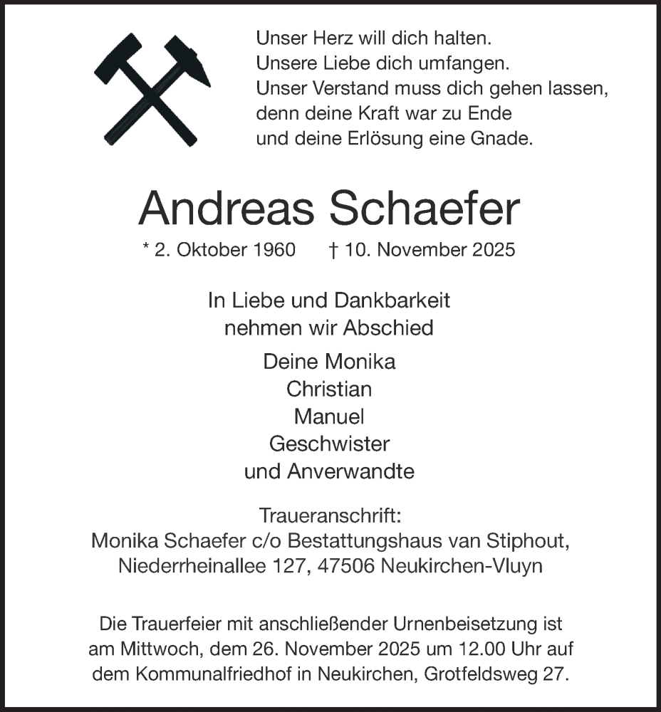  Traueranzeige für Andreas Schaefer vom 15.11.2025 aus Tageszeitung