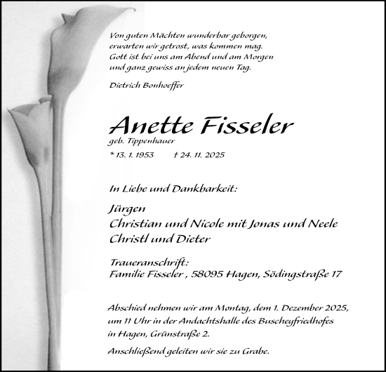 Traueranzeige von Anette Fisseler von Tageszeitung