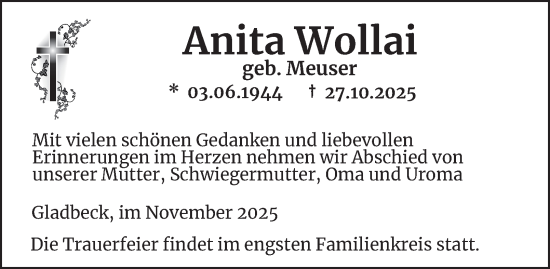 Traueranzeige von Anita Wollai von Tageszeitung