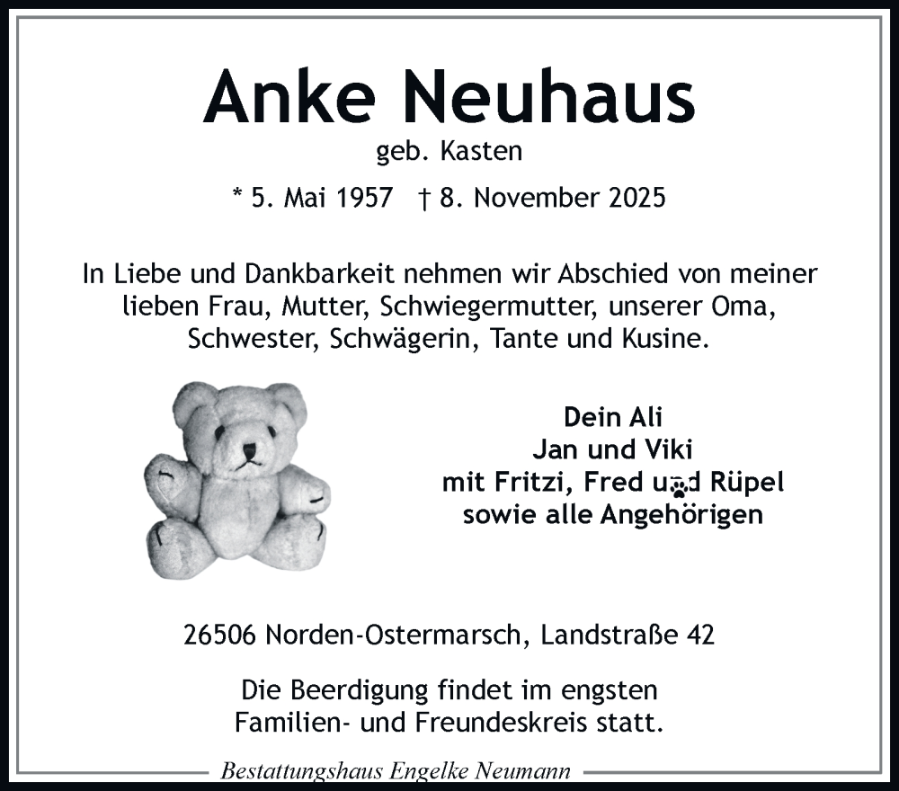  Traueranzeige für Anke Neuhaus vom 15.11.2025 aus Tageszeitung