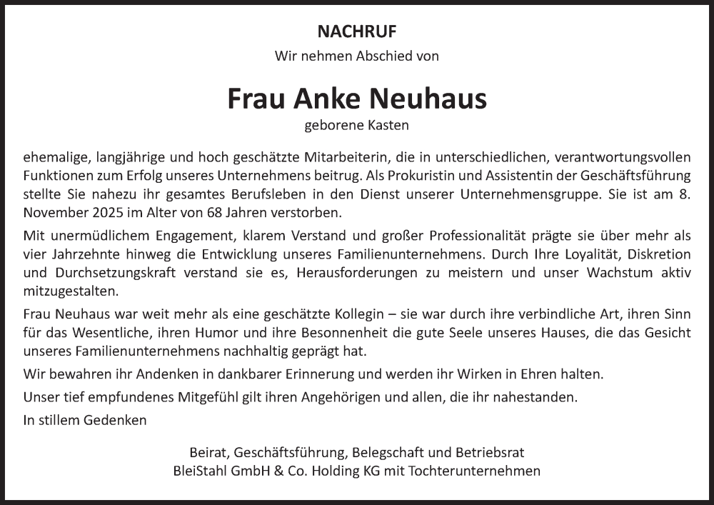  Traueranzeige für Anke Neuhaus vom 22.11.2025 aus Tageszeitung