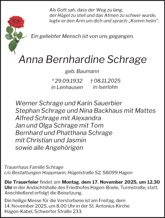 Traueranzeige von Anna Bernhardine Schrage von Tageszeitung