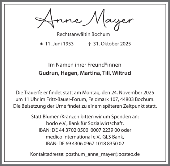 Traueranzeige von Anne Mayer von Tageszeitung