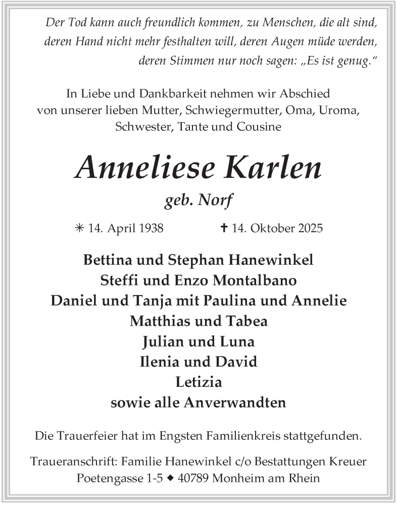  Traueranzeige für Anneliese Karlen vom 15.11.2025 aus Tageszeitung