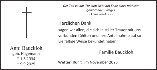 Traueranzeige von Anni Bauckloh von Tageszeitung