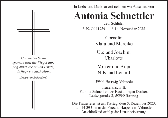 Traueranzeige von Antonia Schnettler von Tageszeitung