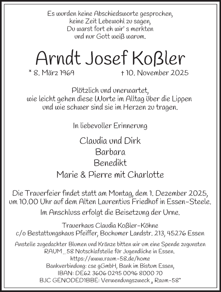  Traueranzeige für Arndt Josef Koßler vom 22.11.2025 aus Tageszeitung