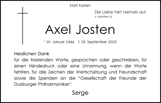 Traueranzeige von Axel Josten von Tageszeitung