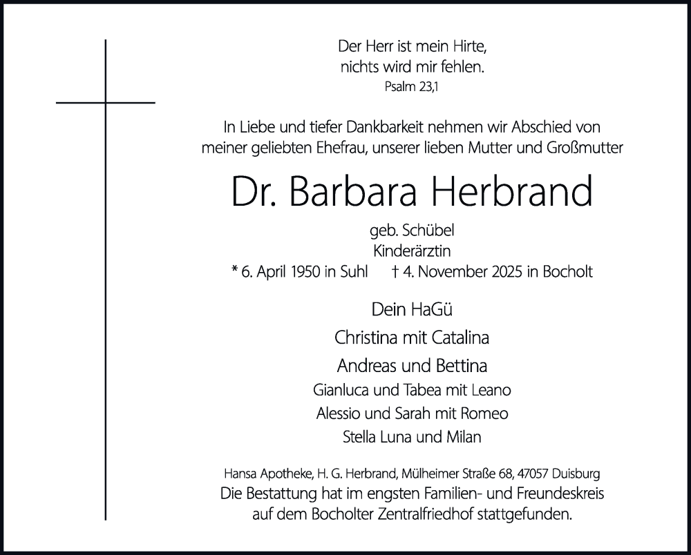  Traueranzeige für Barbara Herbrand vom 15.11.2025 aus Tageszeitung