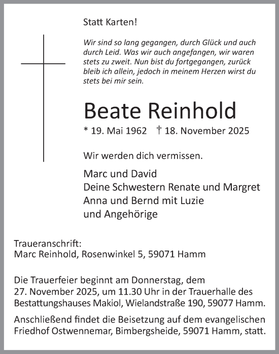Traueranzeige von Beate Reinhold von Tageszeitung