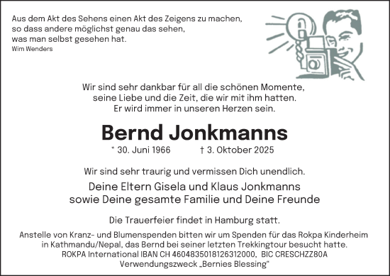 Traueranzeige von Bernd Jonkmanns von Tageszeitung