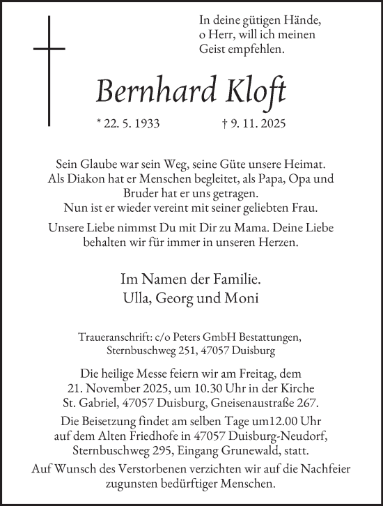 Traueranzeige von Bernhard Kloft von Tageszeitung
