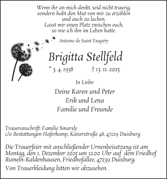 Traueranzeige von Brigitta Stellfeld von Tageszeitung
