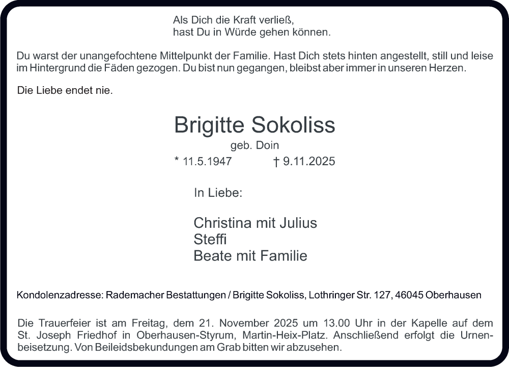  Traueranzeige für Brigitte Sokoliss vom 15.11.2025 aus Tageszeitung