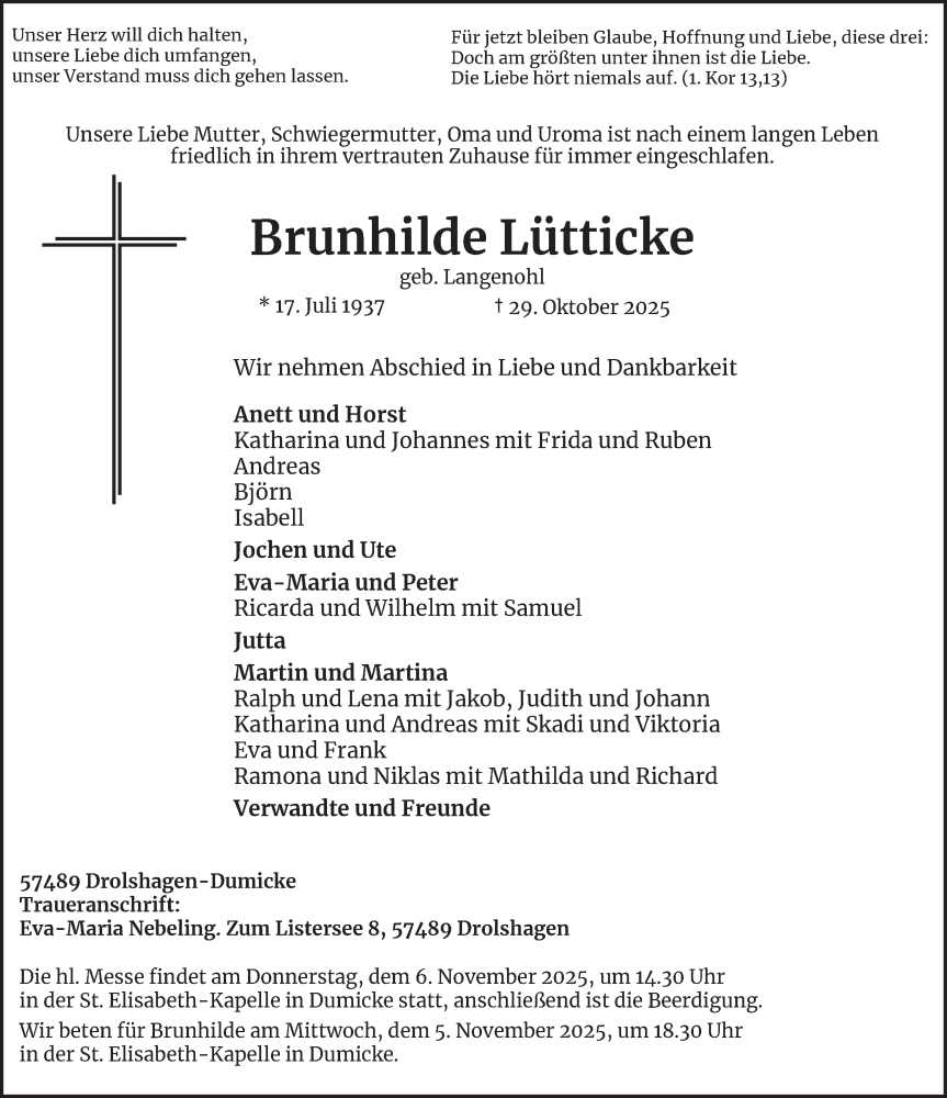  Traueranzeige für Brunhilde Lütticke vom 04.11.2025 aus Tageszeitung
