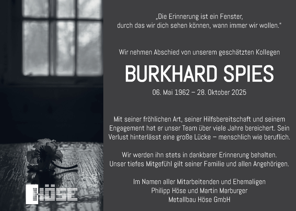  Traueranzeige für Burkhard Spies vom 05.11.2025 aus Tageszeitung
