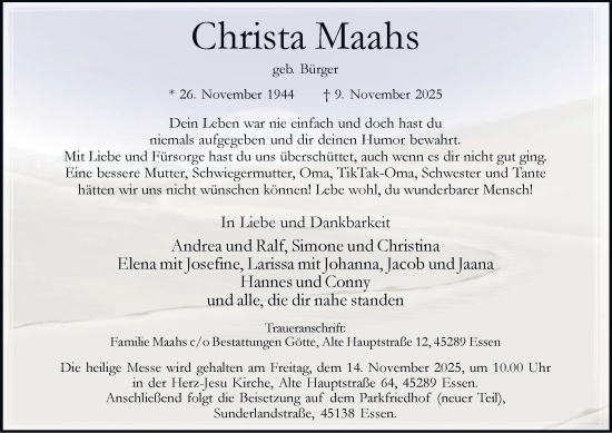Traueranzeige von Christa Maahs von Tageszeitung