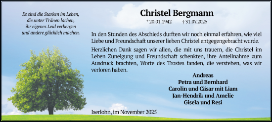 Traueranzeige von Christel Bergmann von Tageszeitung