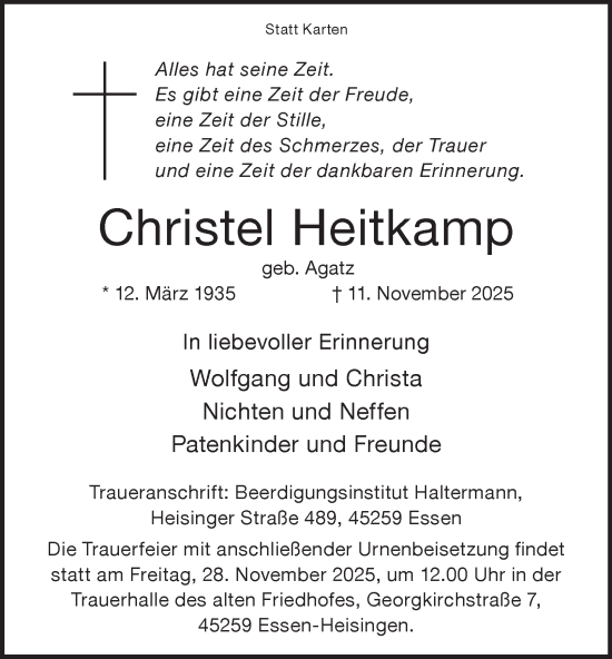 Traueranzeige von Christel Heitkamp von Tageszeitung