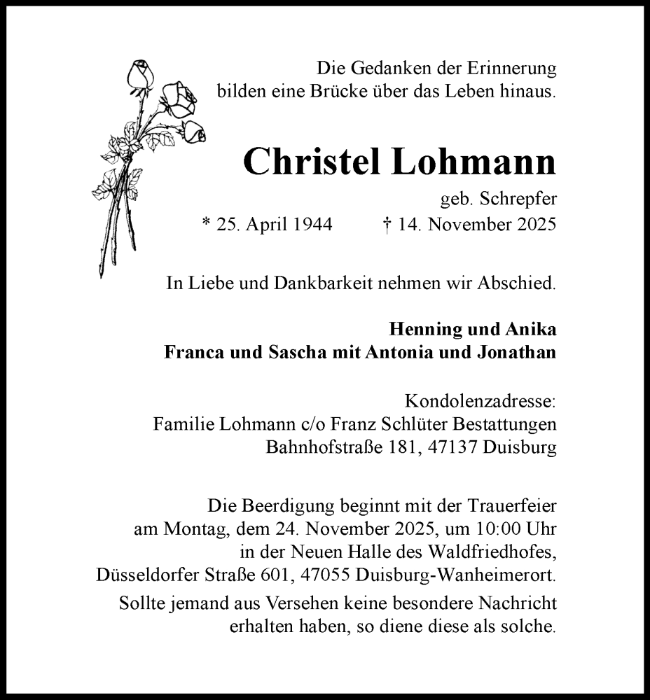  Traueranzeige für Christel Lohmann vom 22.11.2025 aus Tageszeitung