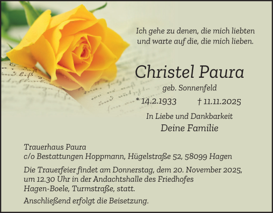 Traueranzeige von Christel Paura von Tageszeitung
