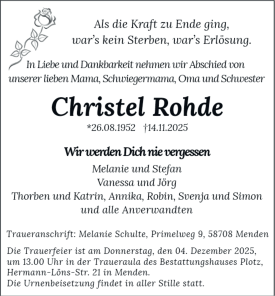 Traueranzeige von Christel Rohde von Tageszeitung