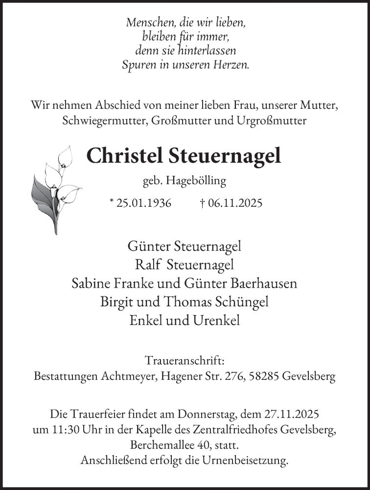  Traueranzeige für Christel Steuernagel vom 19.11.2025 aus Tageszeitung