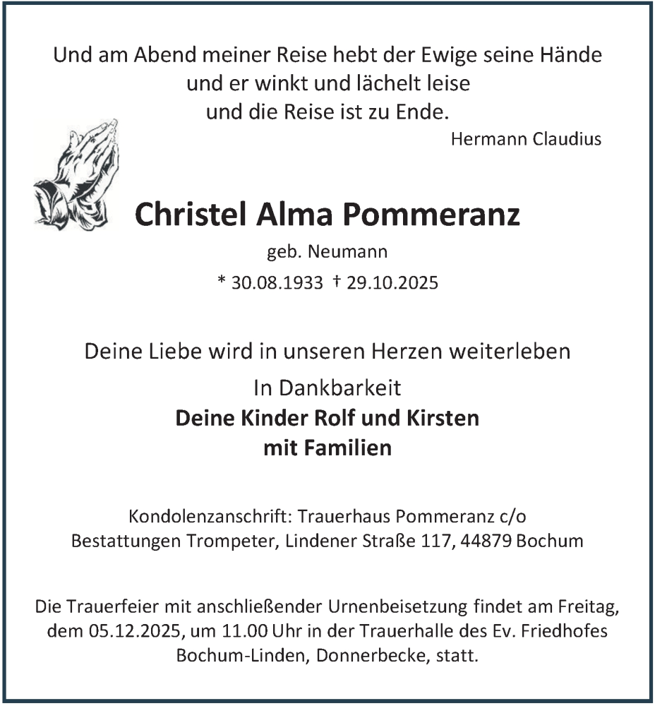  Traueranzeige für Christel Alma Pommeranz vom 15.11.2025 aus Tageszeitung