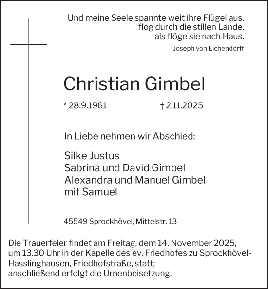 Traueranzeige von Christian Gimbel von Tageszeitung