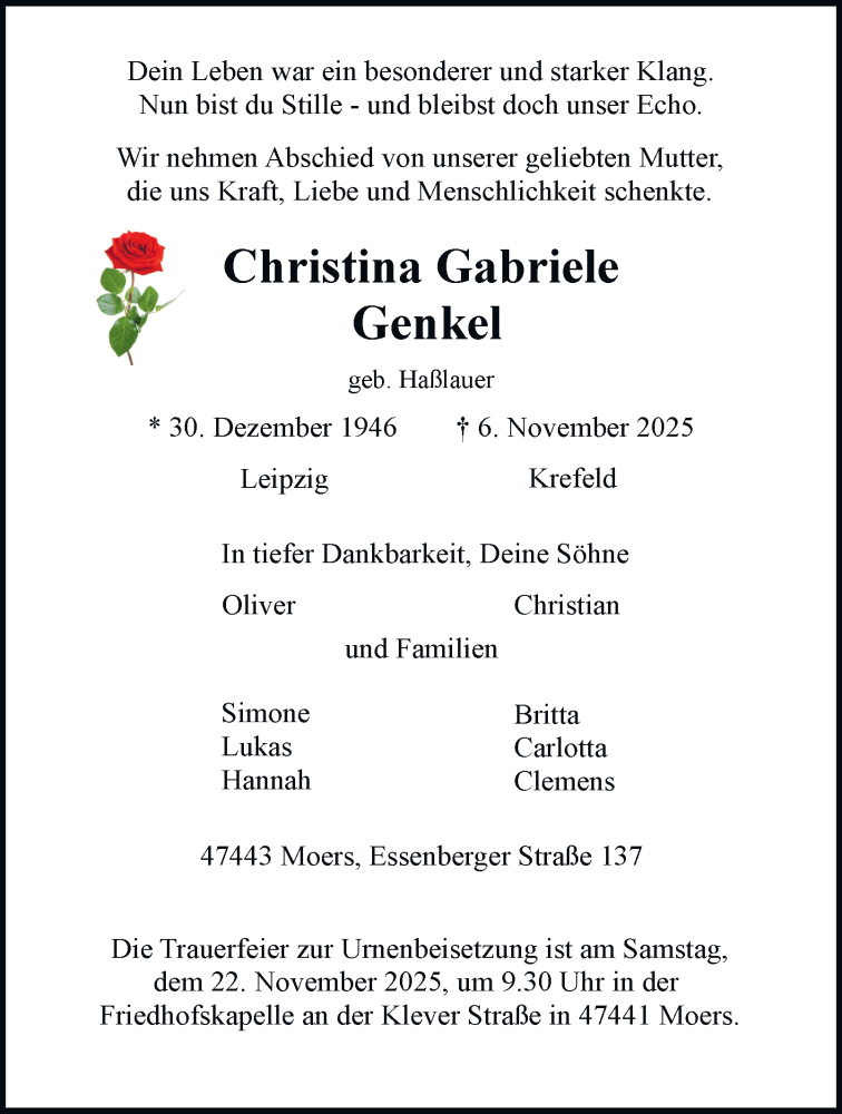  Traueranzeige für Christina Gabriele Genkel vom 15.11.2025 aus Tageszeitung