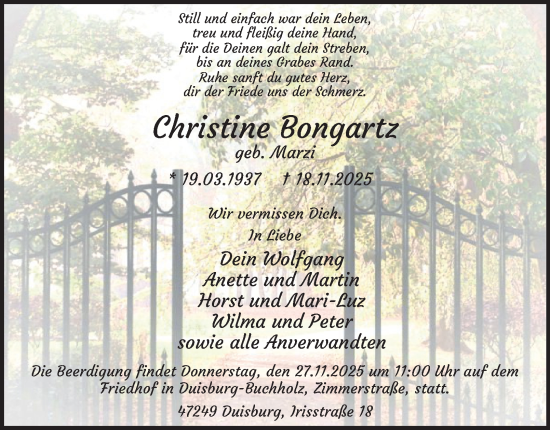 Traueranzeige von Christine Bongartz von Tageszeitung