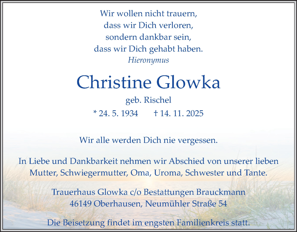  Traueranzeige für Christine Glowka vom 29.11.2025 aus Tageszeitung