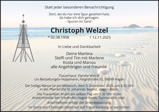 Traueranzeige von Christoph Welzel von Tageszeitung
