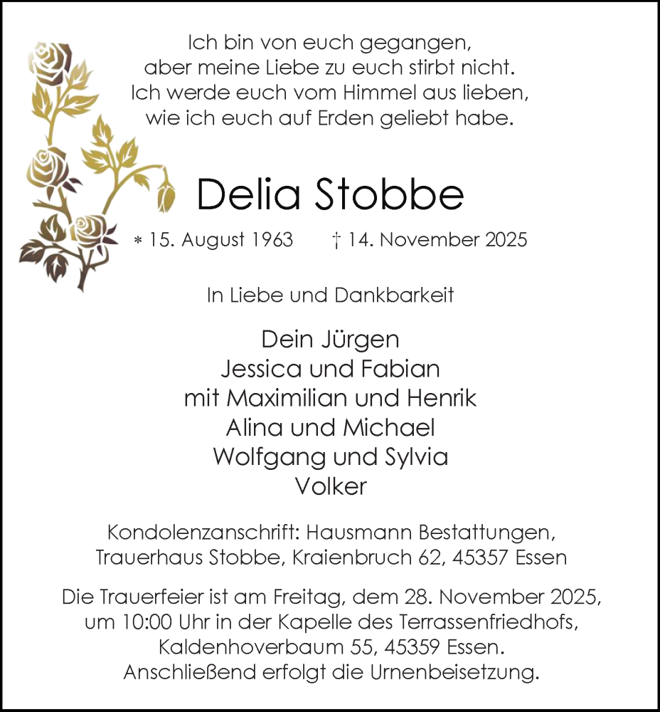  Traueranzeige für Delia Stobbe vom 22.11.2025 aus Tageszeitung