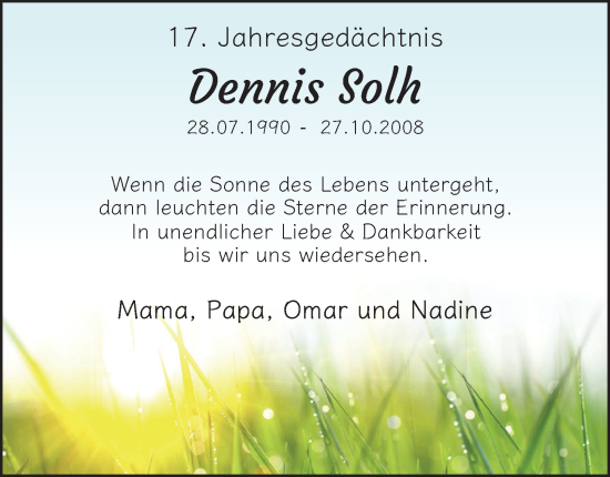 Traueranzeige von Dennis Solh von Tageszeitung