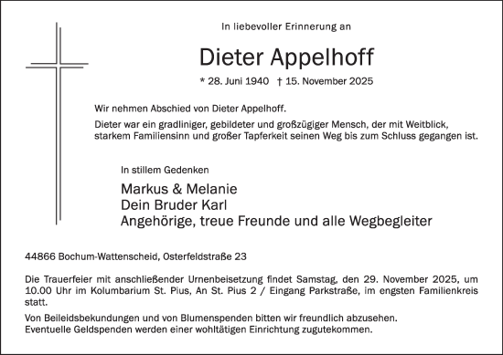 Traueranzeige von Dieter Appelhoff von Tageszeitung