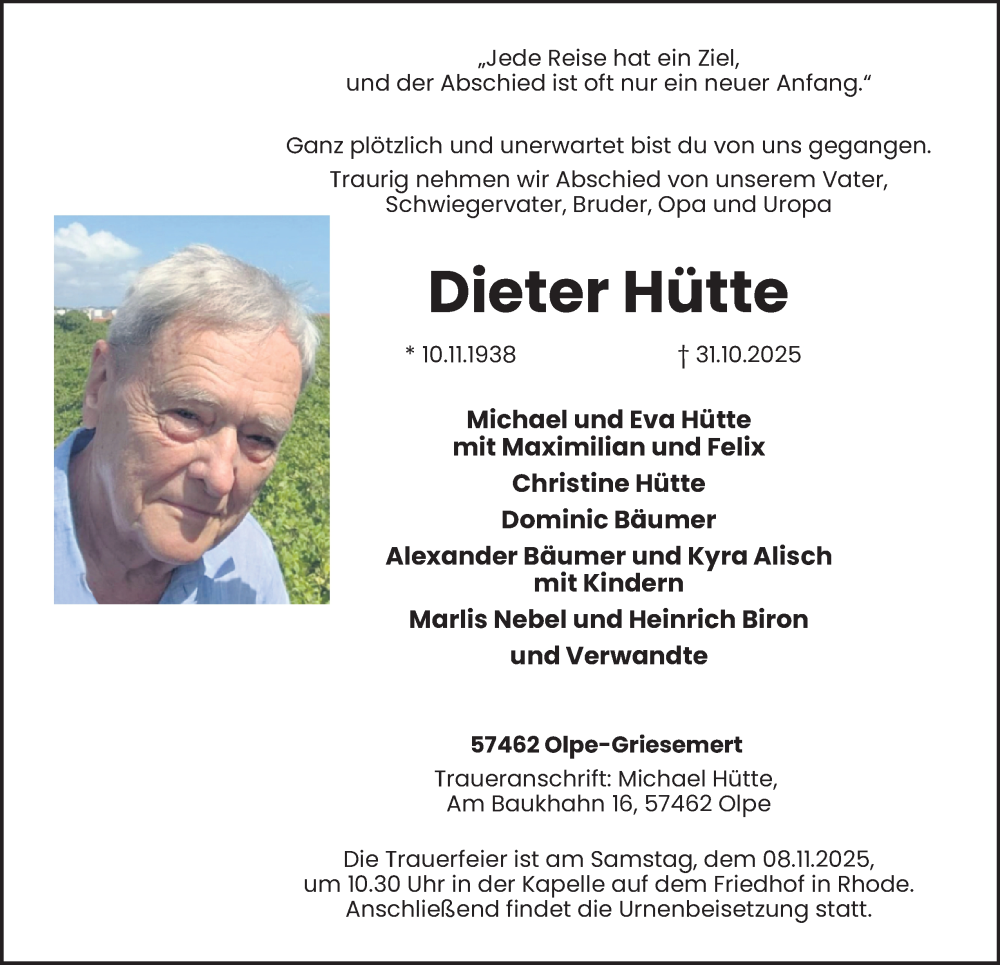  Traueranzeige für Dieter Hütte vom 05.11.2025 aus Tageszeitung