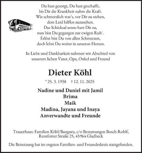 Traueranzeige von Dieter Köhl von Tageszeitung