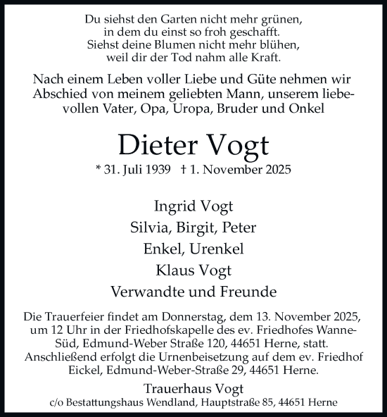 Traueranzeige von Dieter Vogt von Tageszeitung
