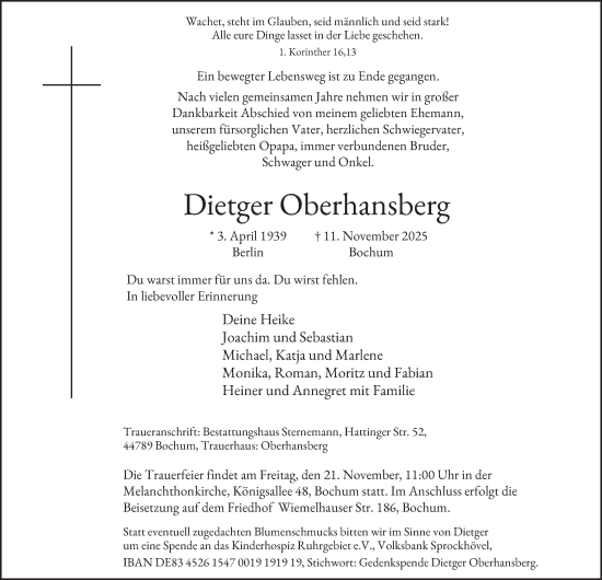 Traueranzeige von Dietger Oberhansberg von Tageszeitung