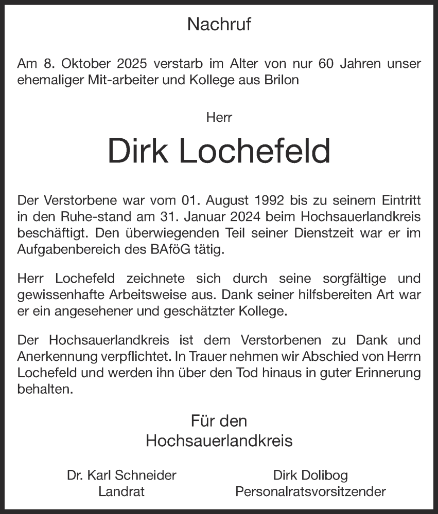  Traueranzeige für Dirk Lochefeld vom 06.11.2025 aus Tageszeitung