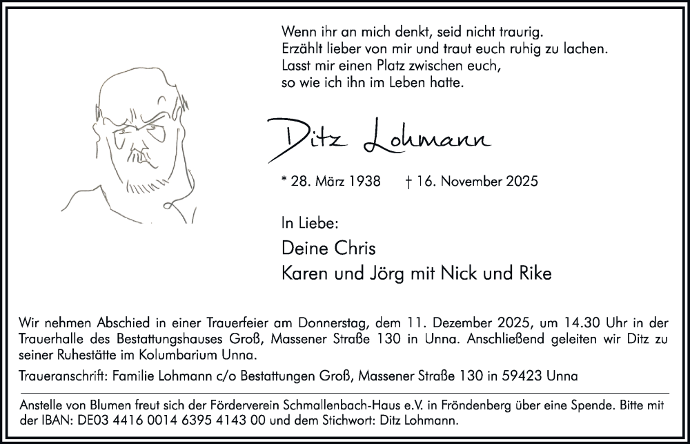  Traueranzeige für Ditz Lohmann vom 29.11.2025 aus Tageszeitung