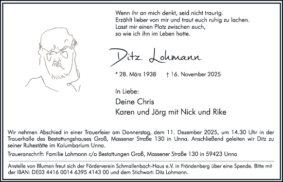 Traueranzeige von Ditz Lohmann von Tageszeitung