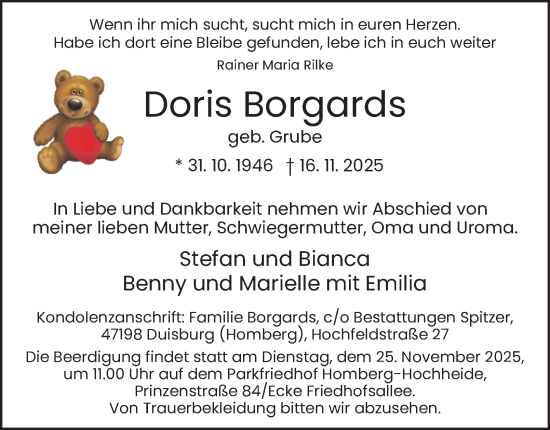 Traueranzeige von Doris Borgards von Tageszeitung