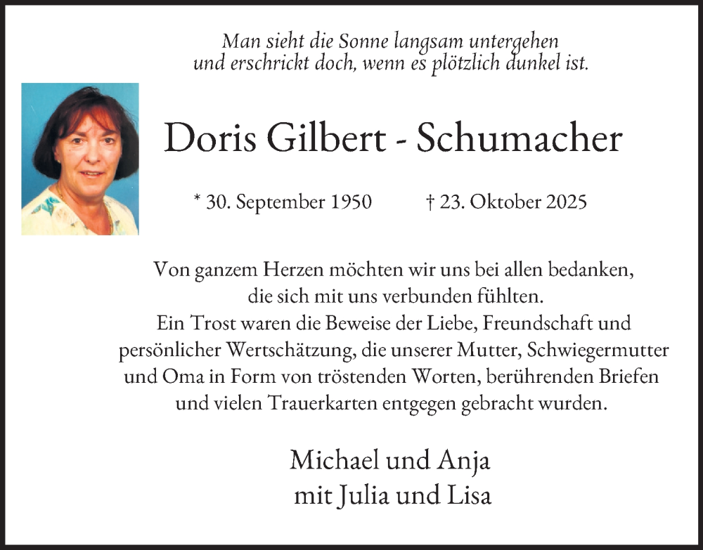  Traueranzeige für Doris Gilbert-Schumacher vom 22.11.2025 aus Tageszeitung