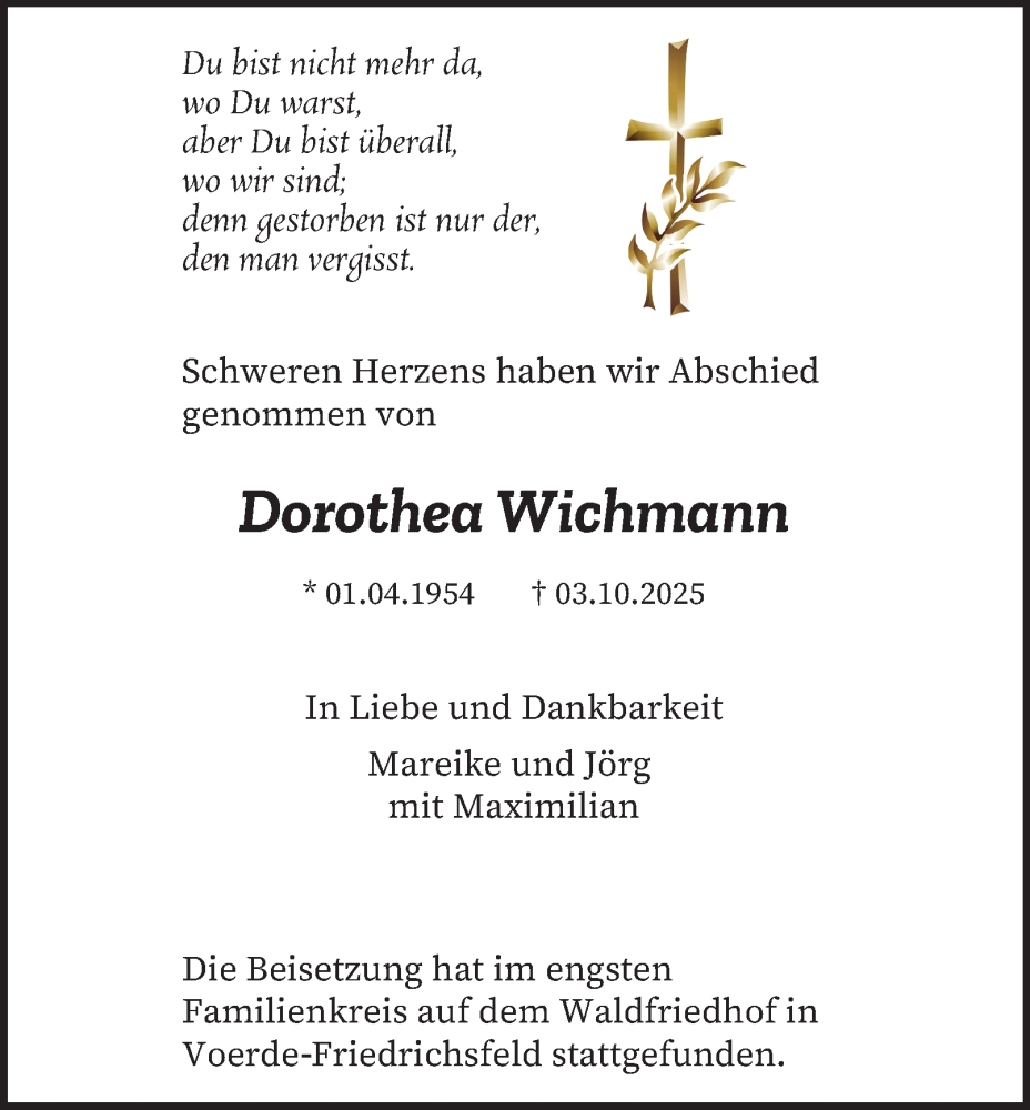  Traueranzeige für Dorothea Wichmann vom 08.11.2025 aus Tageszeitung