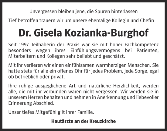 Traueranzeige von Dr. Gisela Kozianka-Burghof von Tageszeitung